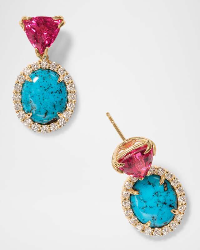 18K Yellow Gold Petite Winnie Earrings with Diamonds, Rubellite and Turquoise